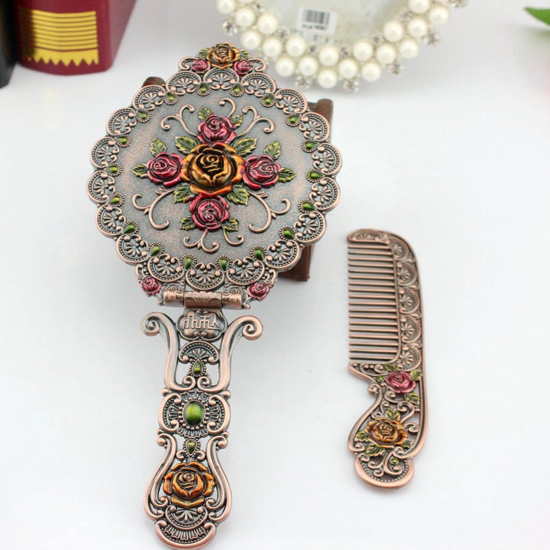 Nerien Vintage Mirror Comb Set Metal Antique Rose Style Handheld Makeup Mirror Travel Round Folding Cosmetic Mirror Women's Vanity Handle Foldable Mirrors Decorative Tabletop Mirrors Copper - Image 3